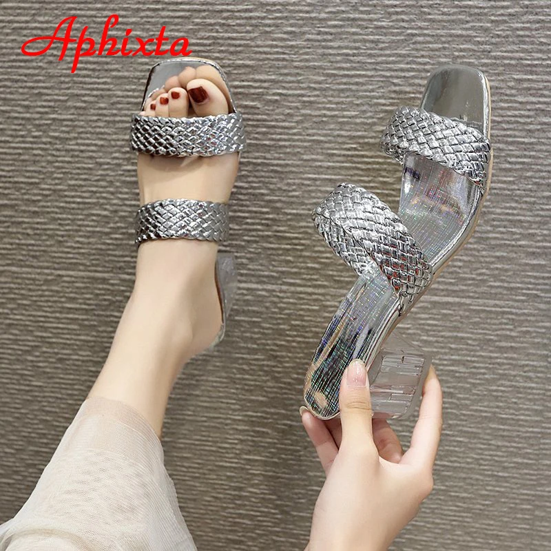 Aphixta 2022 New Summer Women Slides Design Slippers Sandals Braided Cord 7cm Transparent Heels Shoes Female Big Size 44 45 46