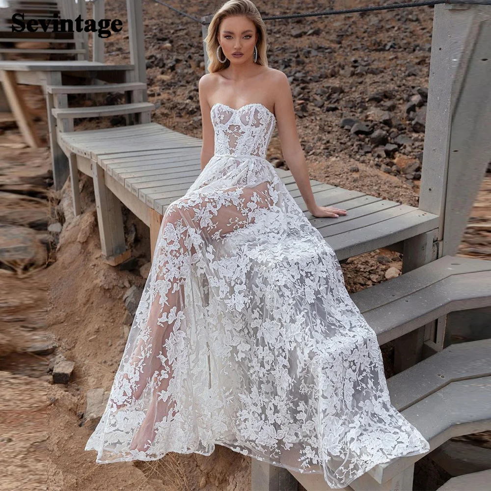 Sevintage Boho Wedding Dresses Sexy Illusion Lace Appliques 3D Flowers Sleeveless Wedding Gown Sweetheart Bridal Dress