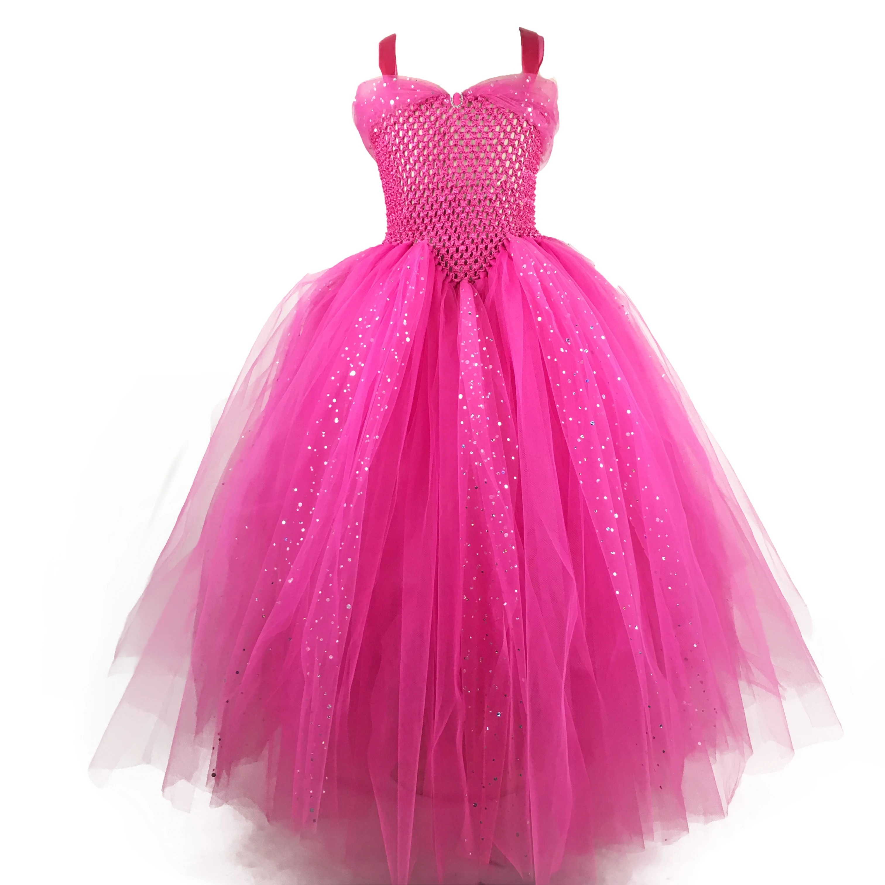 Girls Pink Glitter Tulle Tutu Dress Kids Crochet Evening Strap Dress Ball Gown Children Party Banquet Costumes Sparkle Dresses