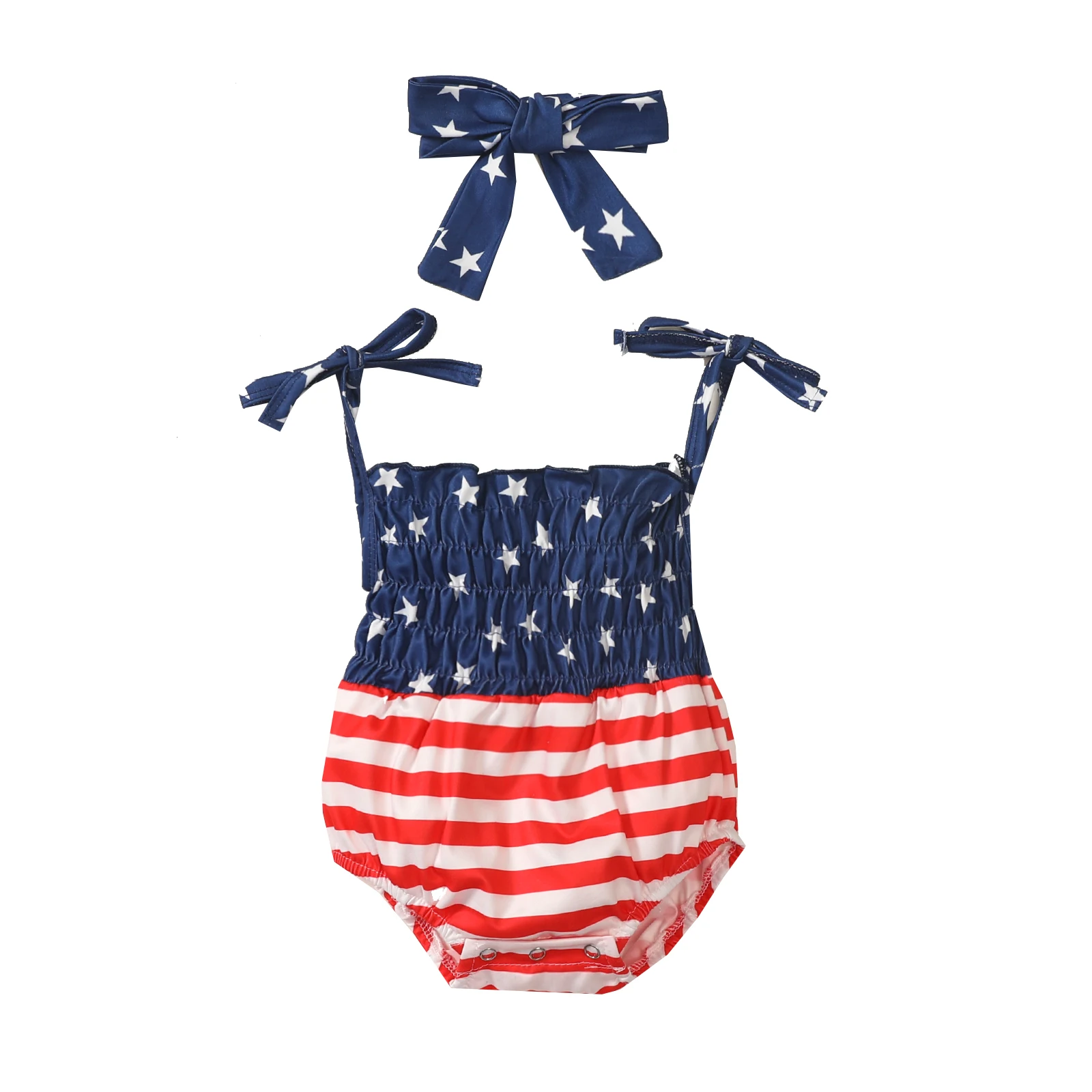 

2021-05-22 Lioraitiin 0-24M Infant Baby Girl’s Tie-up Suspender Romper Fashion Independence Day Print Jumpsuits and Headband