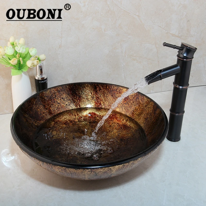 OUBONI Brown Round Bathroom Sink & ORB Basin Tap Washbasin Tempered Glass Hand-Painted Lavatory Bath Brass Set Faucet Mixer Tap