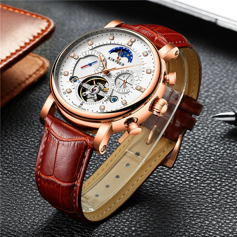 Luxury Brand KINYUED Automatic Mechanical Men Watch Waterproof Leather Strap Tourbillon Sport Mens Watches Fashion Casual Male