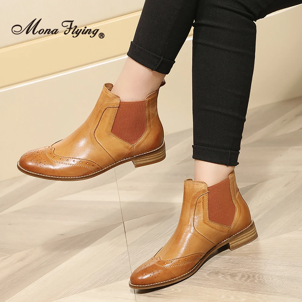 Mona Flying Women Leather Pull On Chelsea Ankle Boots Hand-made Ankle High Oxford Booties Shoes with Low Heels 068-31