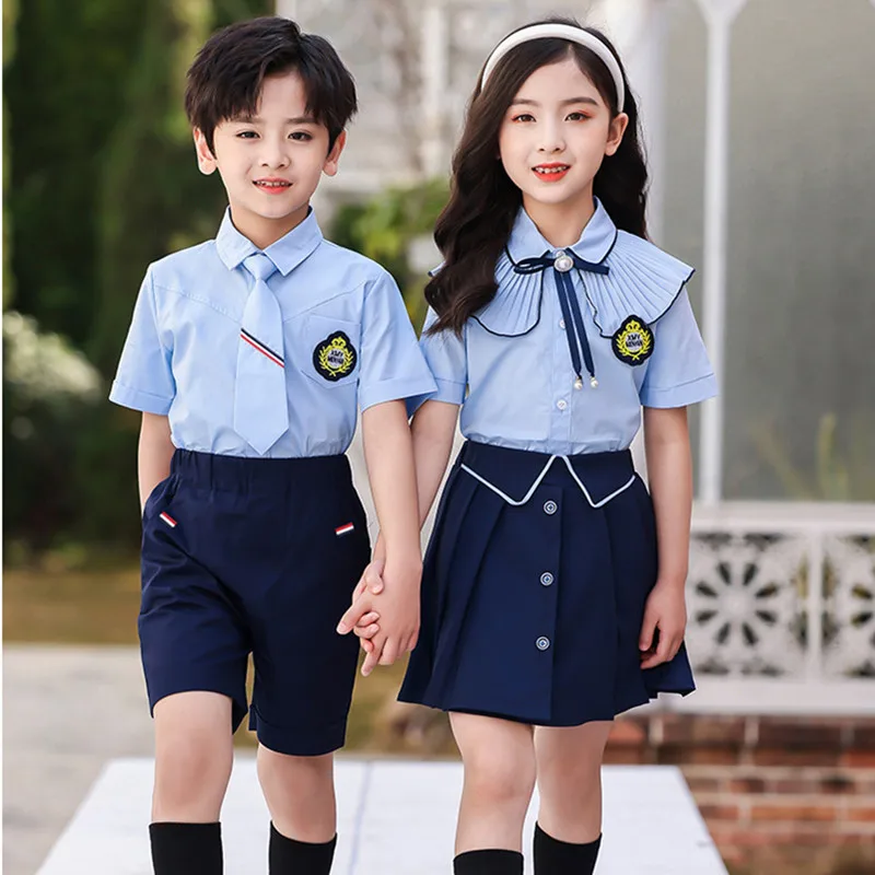 British Style Kindergarten Primary School Uniforms Summer Shirt Navy Blue Skirt Shorts Student Outfits for Children Boys Girls