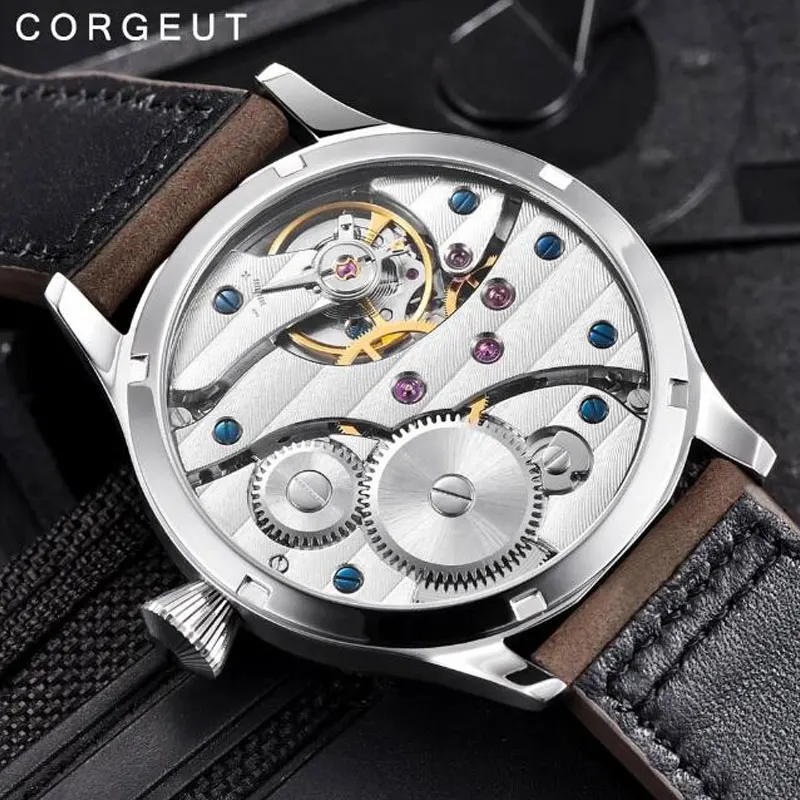 Corgeut 44mm moda couro luminosa mecânica mão enrolamento relógio 17 jóias seagull st3600 6497 movimento esporte masculino relógio de pulso