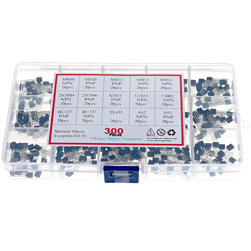 300pcs 15 Values Transistor Assorted Kit TO-92 S9012 S9013 S9014 S8050 S8550 2N3904 2N3906 BC327 BC337 TL431 MPSA42 MPSA92 A1015