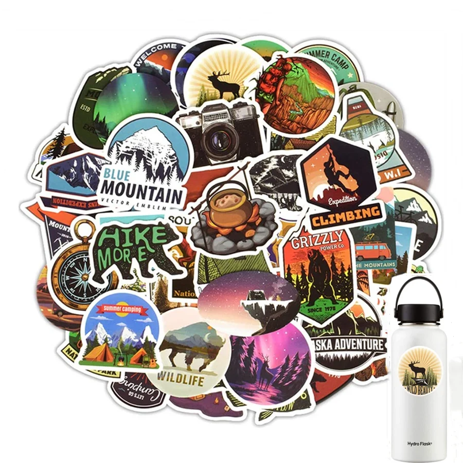 

Outdoor Hiking Adventure Camping Stickers 50pcs Waterproof Vinyl Travel Camping Stickers for Water Bottle Laptop Hydroflask Cup