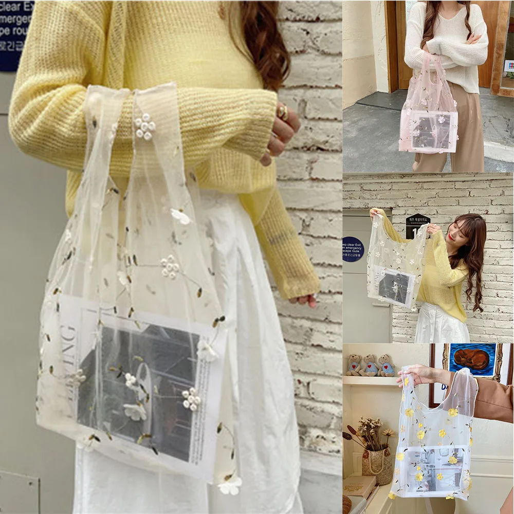 Spring Summer Female Flower Embroidery Hand Bag Organza Casual Tote Mesh Summer Floral Tote Bags Eco-friendly Mesh Handbag