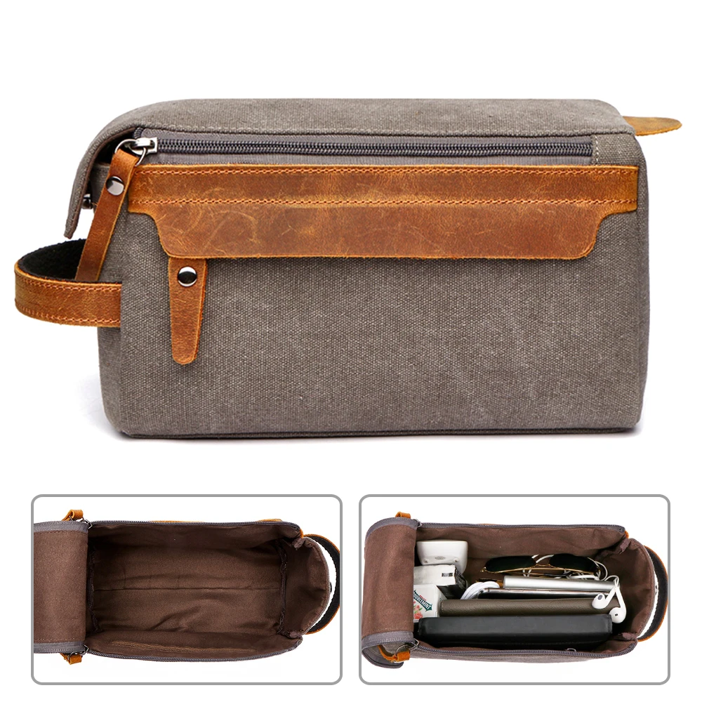 

Acoki Travel Cosmetic Wash Bag Unisex Toiletry Bag Vintage PU Canvas Compact Travel Make up Men Shaving Bag with Handle