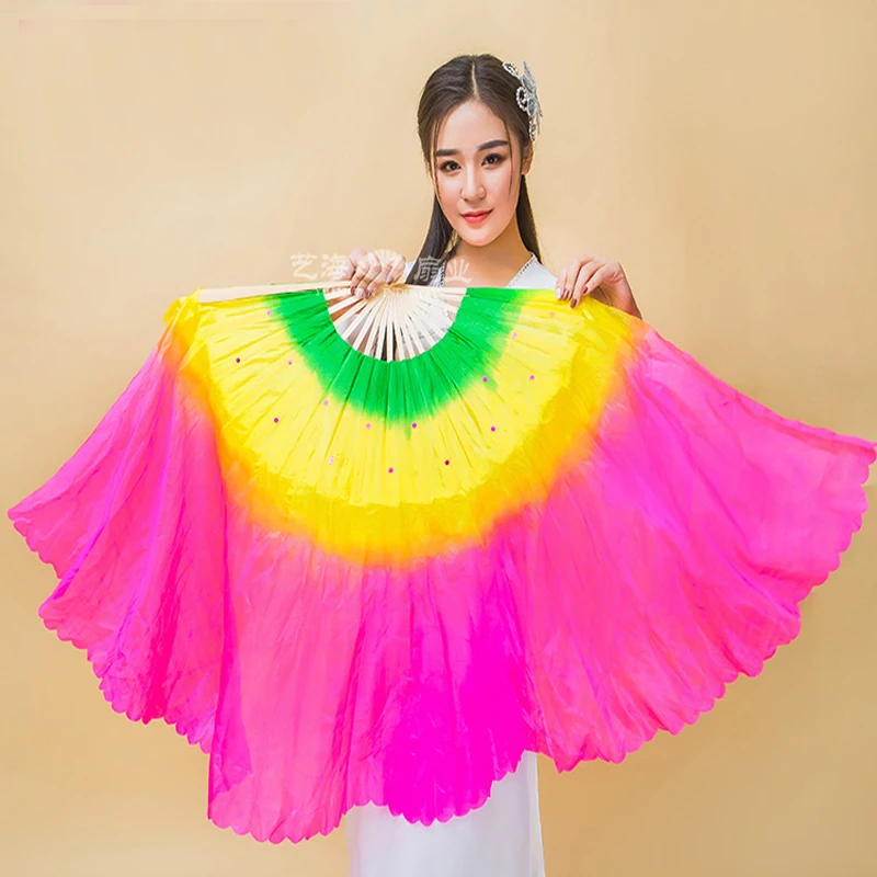 1pair/2pcs (L+R) hand big size Chinese Bamboo Imitation Silk Dancing Fan Veils hand-made dye Square Dance Prop Fans Veil