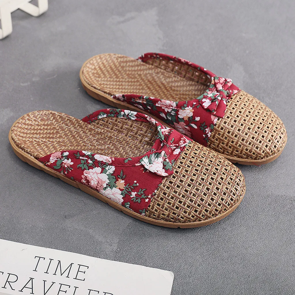 2023 Summer Linen EVA Anti-Slip Flat Slipper Women Casual Butterfly Knot Slip On Slides Indoor Home Slippers Shoes Beach Shoes