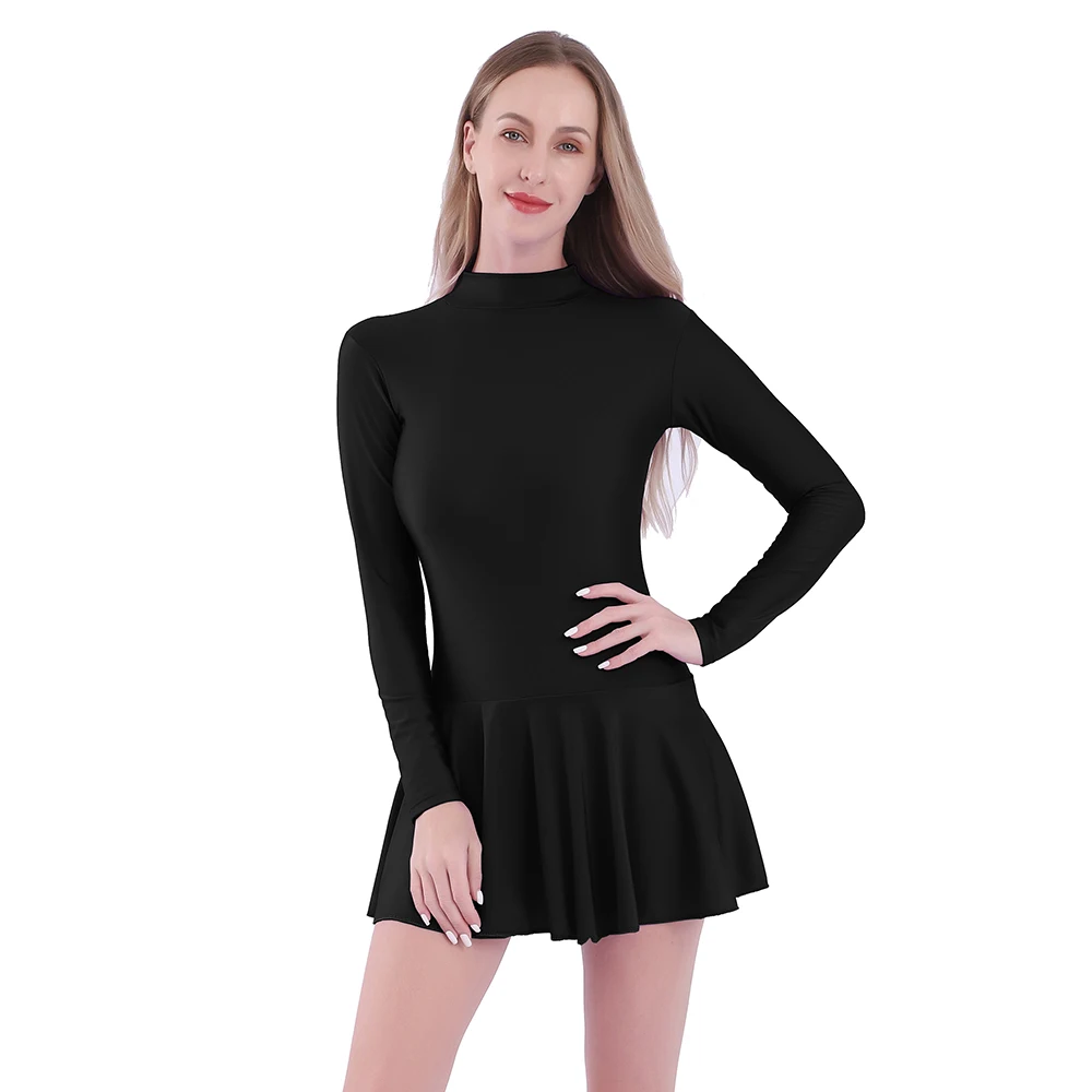 Aoylisey Women Ballet Dance Skirted Leotard One Piece Long Sleeve Bodysuit With Skirt Latin Unitard High Neck Gymnastics Dresses