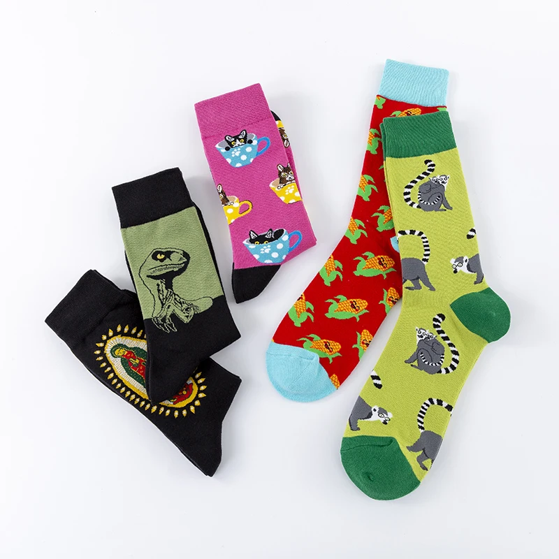 Chaussettes Happy pour hommes et femmes, nouvelle combinaison de couleurs, dinosaure, jésus, pouce, Lemur, chien en maïs, Sportsman, Cool, amusantes, 2021