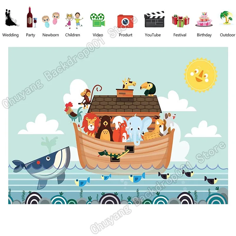 Custom Cartoons Noah\'s Ark Noah Photography Backdrop Animal Sea Fish Boat Birthday Party Decoration BannerPhoto Background