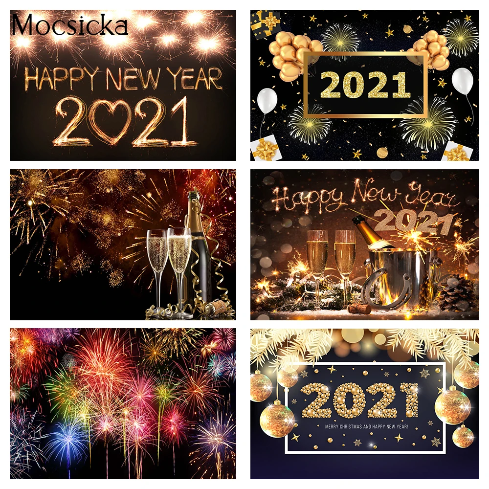 2021 Happy New Year Photography Backdrop Glitter Bokeh Fireworks Celebration Christams Party Background Champagne Photocall