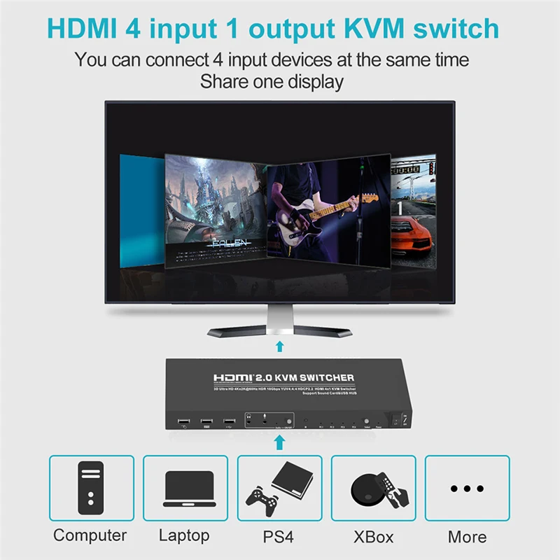 HDMI 4K Ultra HD 4x1 HDMI KVM Switch 3840x2160 @ 60Hz 4:4:4 compatible con USB 2,0 Control de dispositivos