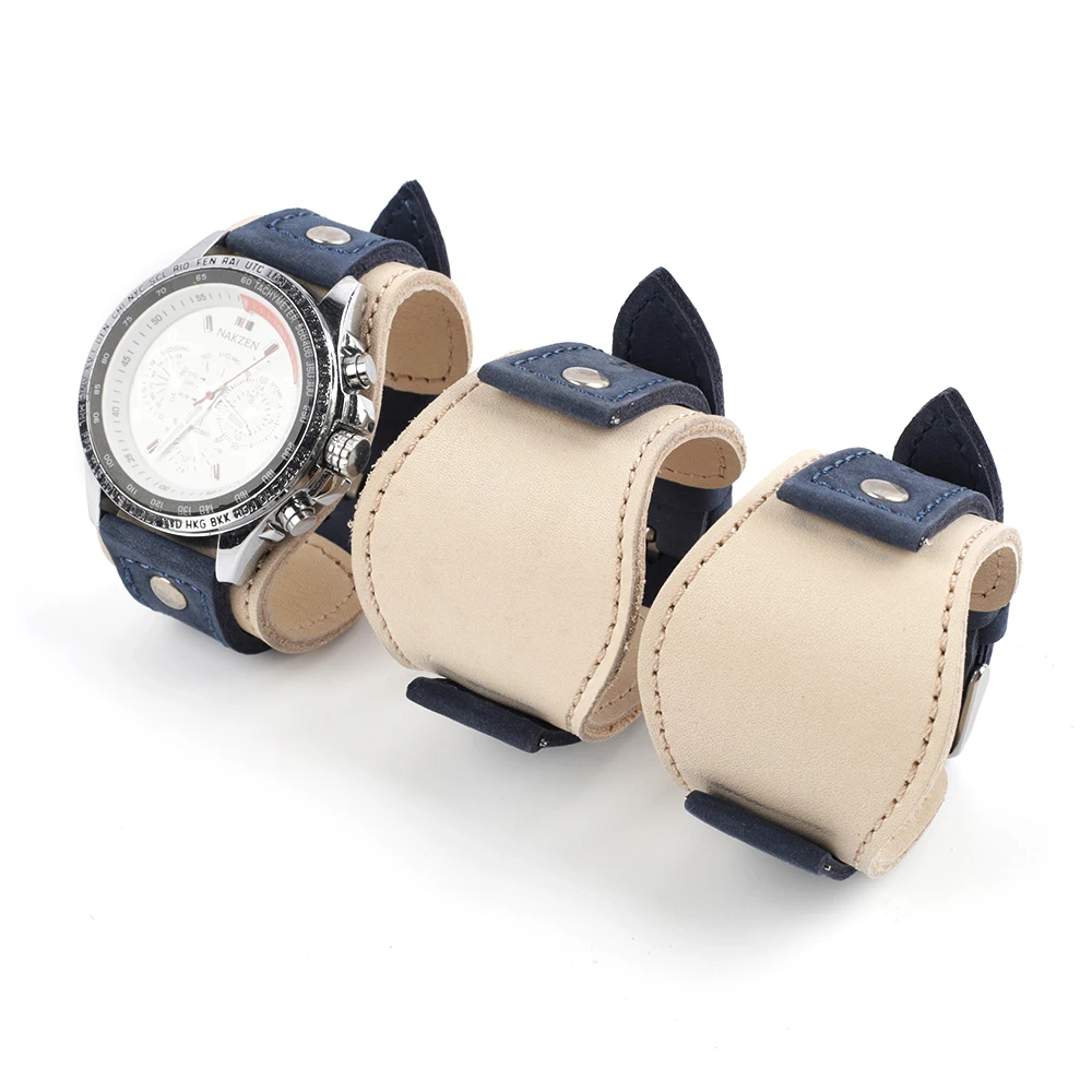 

22mm Cowhide Leather Watchband with Mat Blue Handmade Watch Strap Men Cuff Watch Bands Replacement Wrist Bracelet Accessories