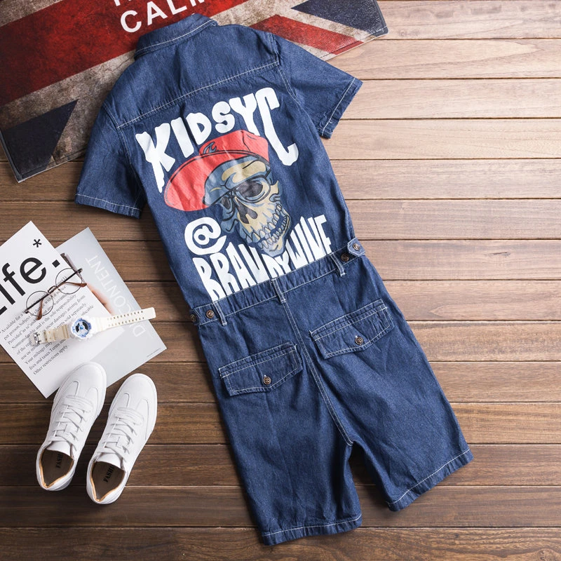 Summer Men Denim Jumpsuit Lapel Short-Sleeve Alphabet Cartoon Printing Overalls Hip-Hop Streetwear Jeans Short Cargo Pants