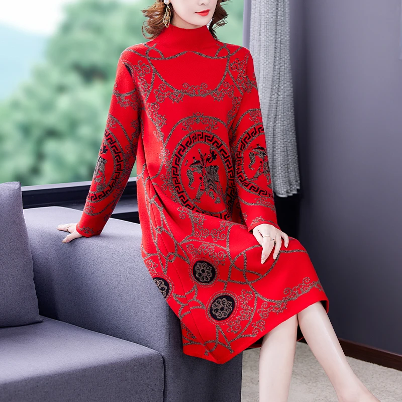 Autumn Winter Black Print Wool Sweater Midi Dress 2024 Vintage Knitted Tultleneck Pullover Women Elegant Bodycon Sweater&Jumpers