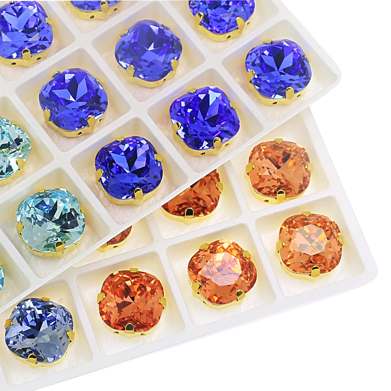 8mm Square Pointback Non-hotfix Glass Strass Rhinestones Crystal Sew On Rhinestone with Gold Claw for Clothing Dress Shoes