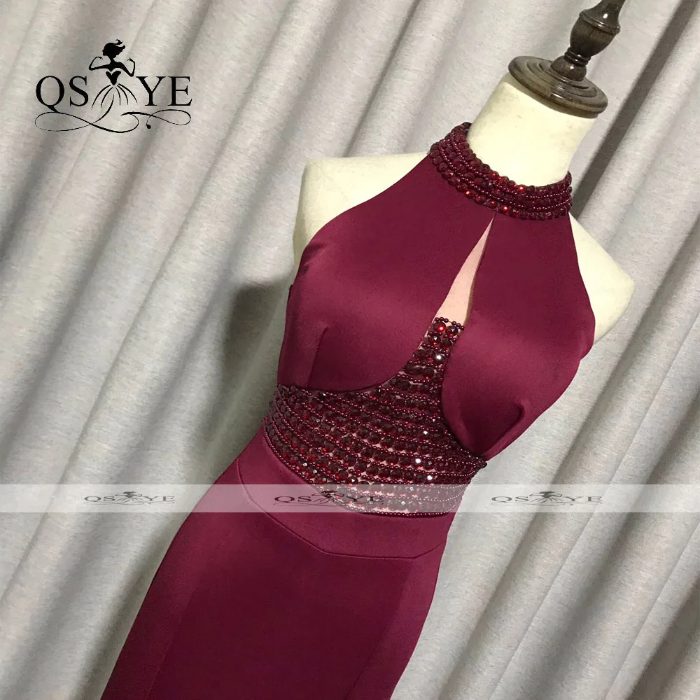 Robe de soirée de forme sirène, tenue de bal élégante, col licou, couleur bordeaux, taille de perle, extensible, bon marché, Sexy, fendue, pour femmes