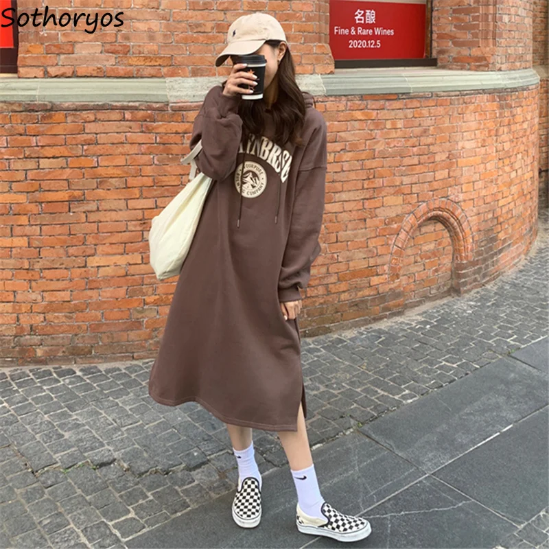 Women Long Sleeve Dress Print with Hat Hoodies Autumn Winter Thicken Warm Loose Straight Casual Student Leisure Ulzzang Chic New