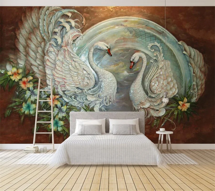 

wellyu Customized large mural European 3D three-dimensional relief swan flower background living room bedroom wallpaper