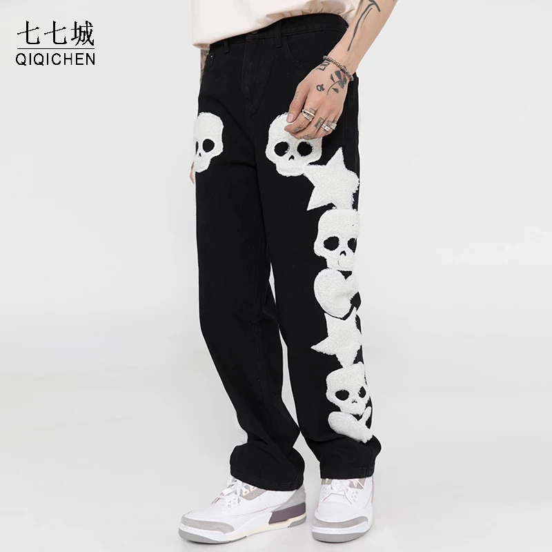 

Furry Skull Stars Embroidery Jeans Men Harajuku Vibe Style Straight Pants Male Streetwear Oversize Casual Hip Hop Denim Trousers