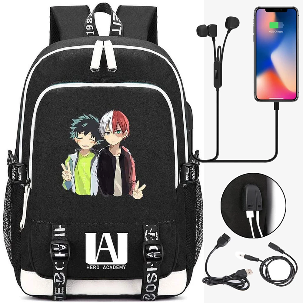 Anime mah sırt çantası My Hero Academia Cosplay Bookbag erkek kız Unisex okul çantası USB şarj portu Mochila