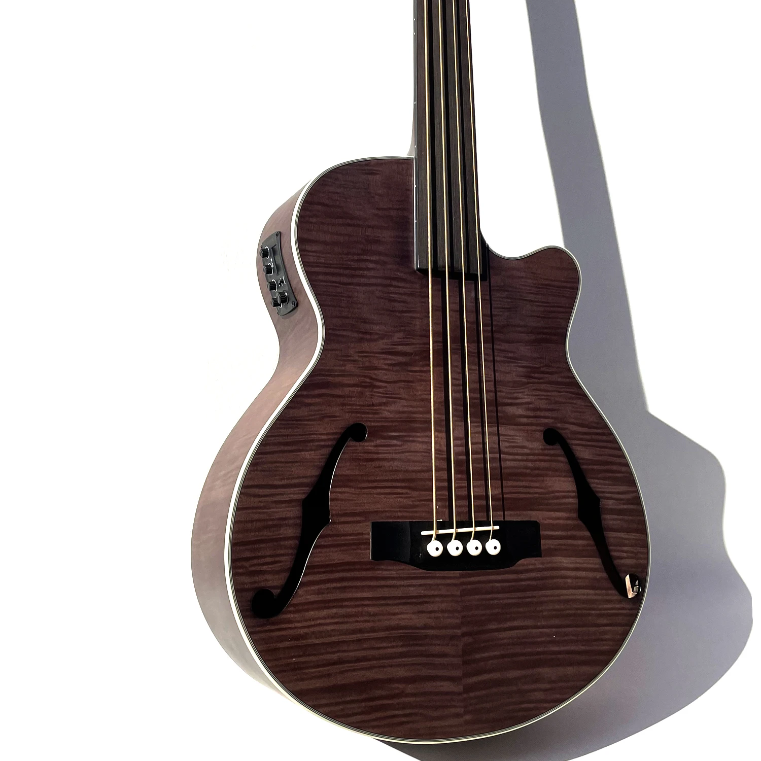 Custom Acoustic Electric Bass Cutaway Style with F Holes with Fretless with EQ IN Vintage Color