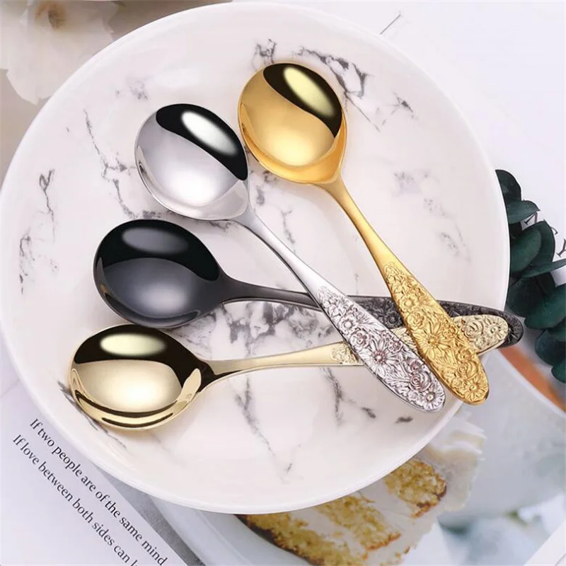 New 304 Stainless Steel Spoon Thickened Children Spoon Retro Flower Pattern Handle Round Head Soup Rice Spoons