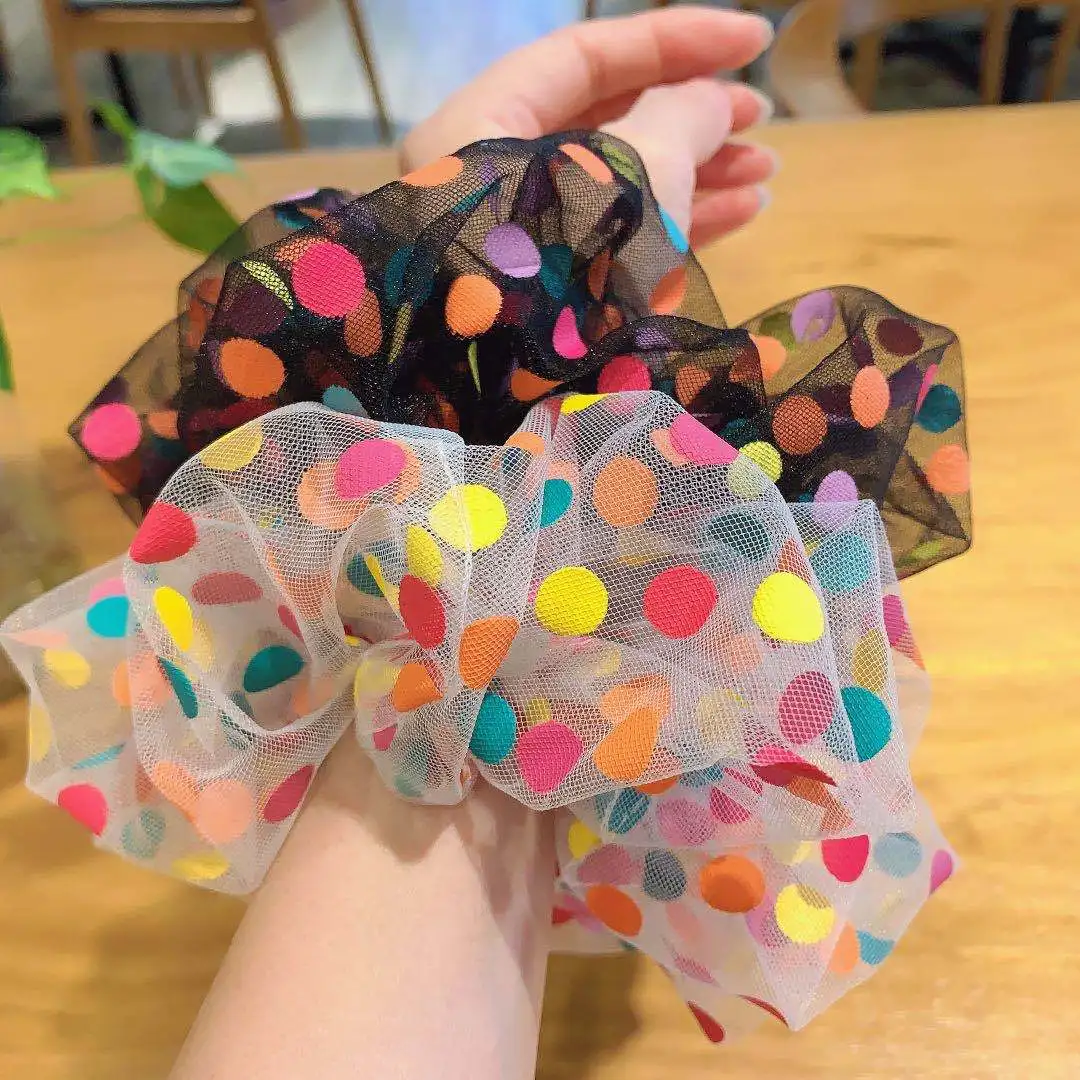 2021 New Organza Fabric Colorful Polka Dots Hair Rope Big Size Mesh Hair Scrunchies For Women Cute Chouchou Korean Kawaii Ring