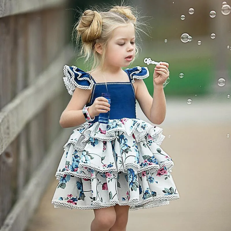 Summer Toddler Girls Clothes Blue Floral Printed Dresses for Girls Princess Birthday Party Dress Fly Sleeve Lace Cake Tutu Dress