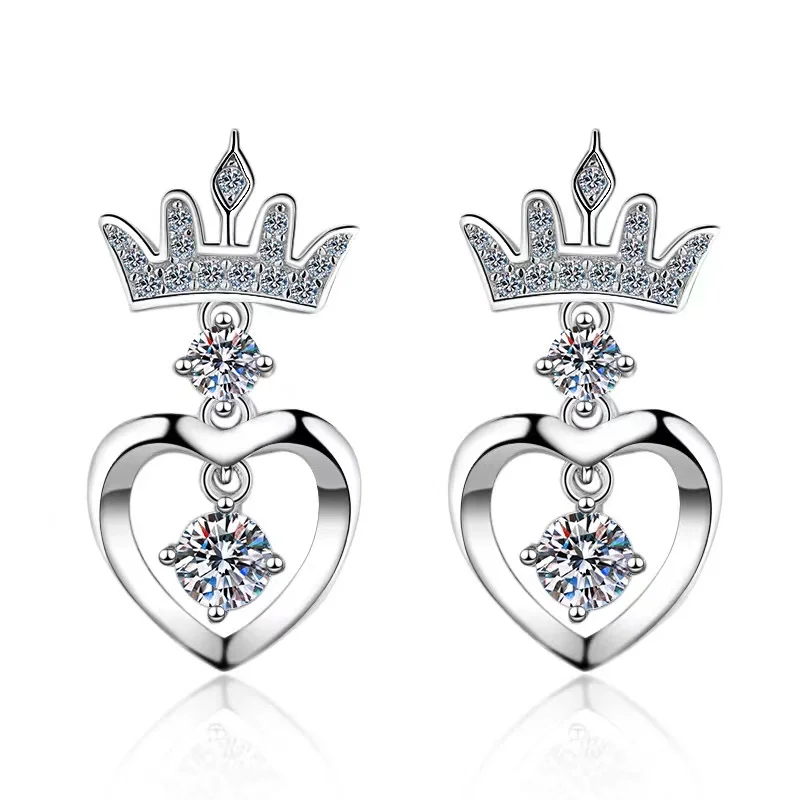 

Trendy Real 0.72ct D Color Moissanite Crown Earrings Women Fine Jewelry VVS1 Heart Moissanite Diamond Stud Earrings Girls Gift