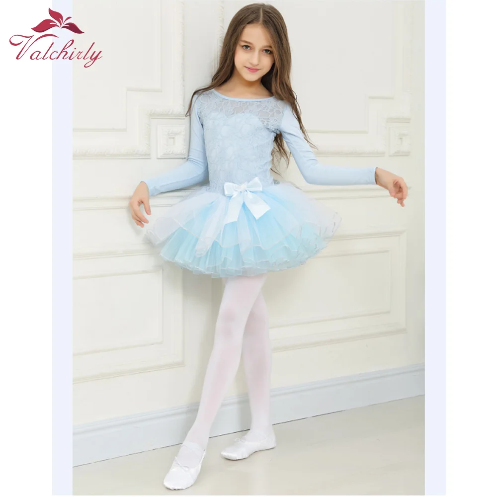 Blue Winter Long Sleeves Girls Ballet Leotard Tutu Dress Lace Dance Clothing Puffy Skirt for Kids