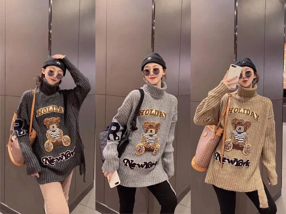 Women Runway Sweater Ladies Jumper Knitted Turtleneck Pullover Female Cute Bear Cartoon Appliques Diamond Beaded Sweaters NS508