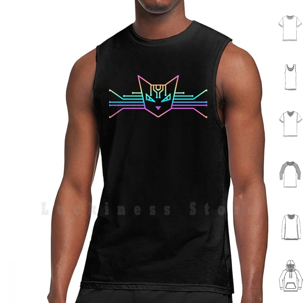 Cyber Cat Tank Tops Vest 100% Cotton Cat Cats Cyber Hacker Rainbow Motherboard Circuit Board Sci Fi Cute Kitty Computer Chip