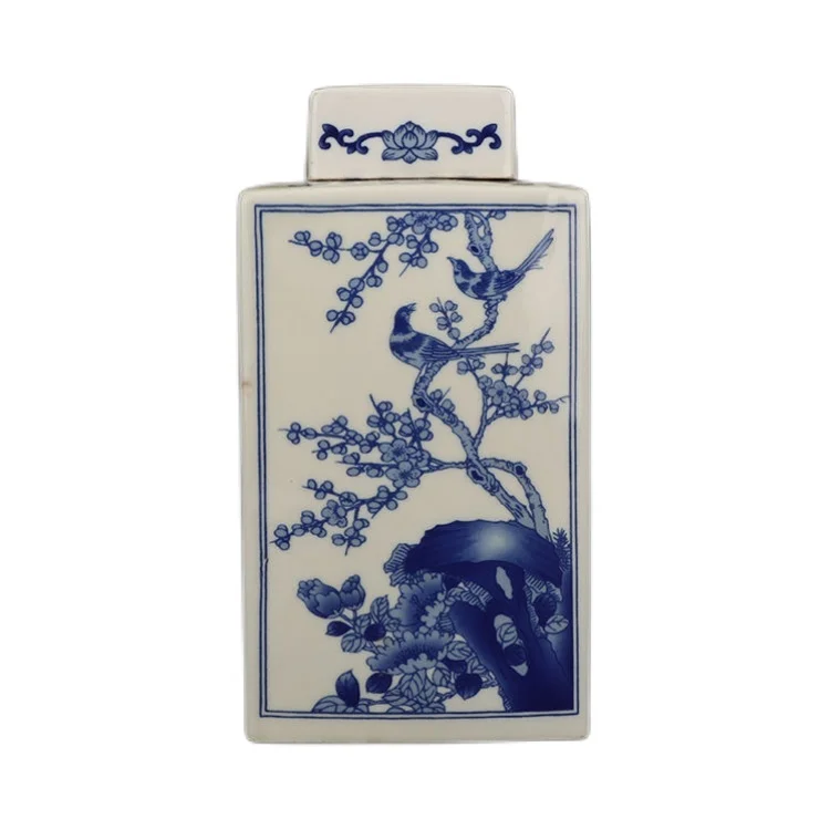 Kangxi Blue And White Flowers And Birds Square Jar Antique Ceramic Collection Ornaments