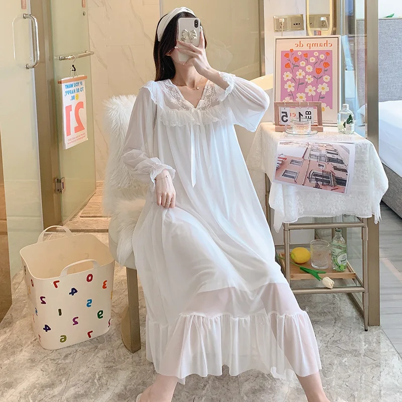 Fdfklak Sweet Spring Nightgowns Women Mesh Cotton Yarn Night Dress Long Sleeve Nightshirt Female Loose Home Wear Clothes