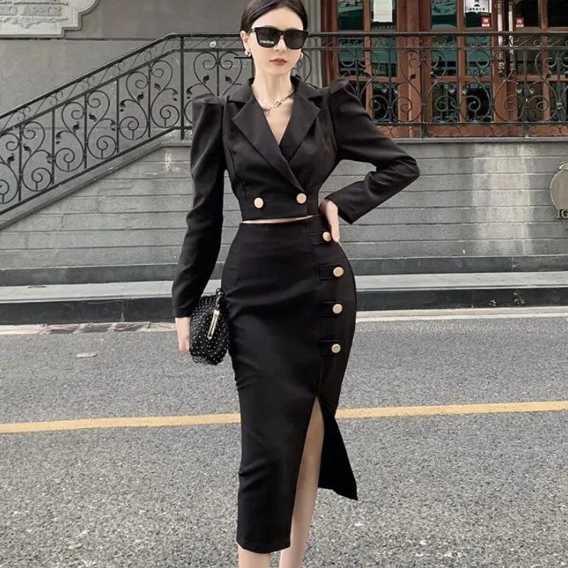 New Arrival Fashion Autumn Women OL Temperament black Crop Top + Sexy Split Midi Skirt Slim Skirt Suits 2021