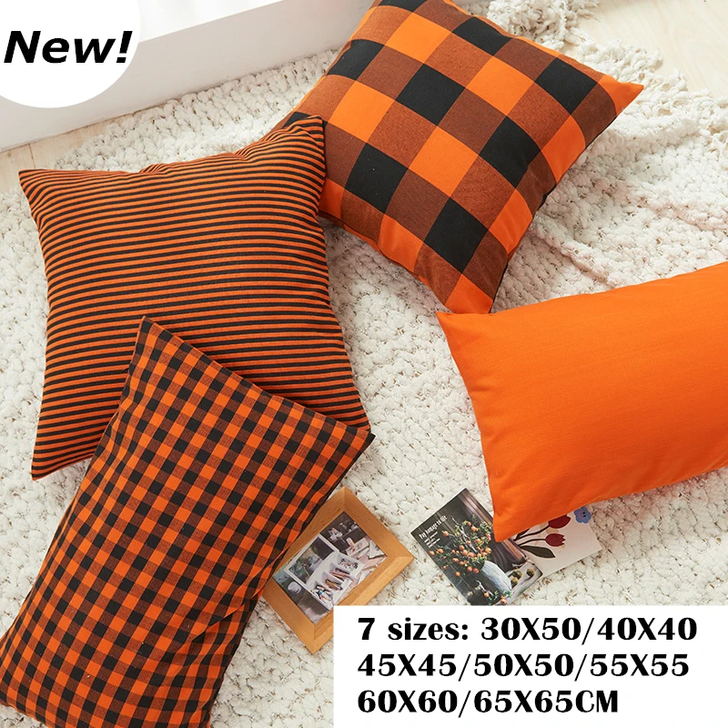 2023 Autumn Orange Plaid Stripes Cushion Cover 7 Sizes Cotton Polyester Tartan Pillowcase Modern Nordic Sofa Couch Throw Pillows