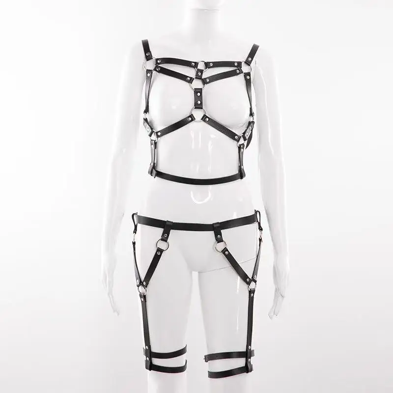 Lederen Harnas Ondergoed 2 Delige Set Kousenband Riemen Sexy Vrouwen Taille Te Been Bondage Kooi Bandjes Bra Garter Body Riemen lingerie