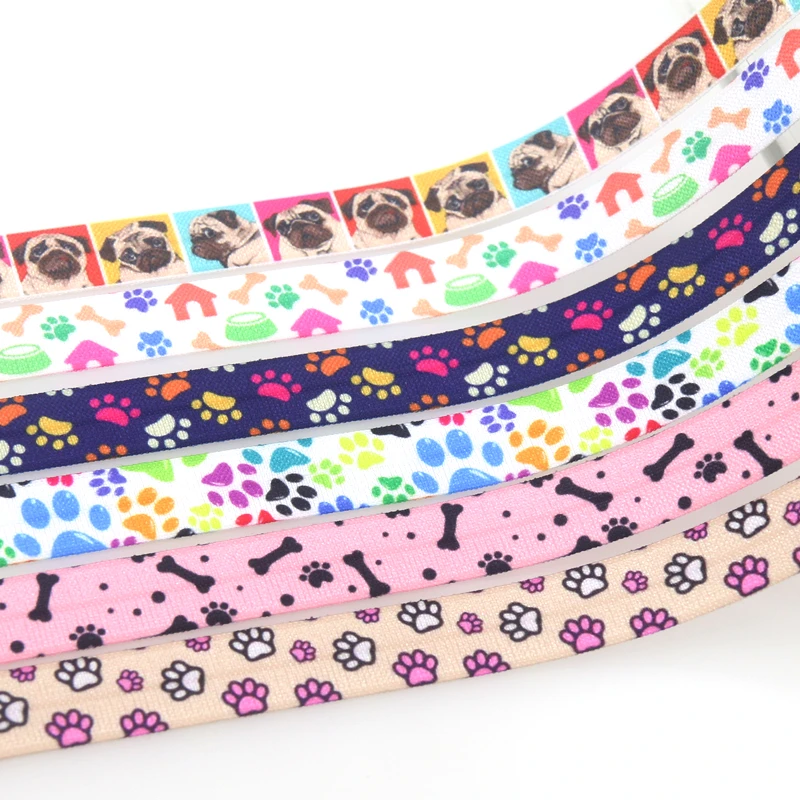 DHK 5/8'' 5yards Bulldog Dog Paw Bone Printed Fold Elastic FOE Stretch Ribbon Hairbow Headwear Headband DIY OEM 15mm C1965