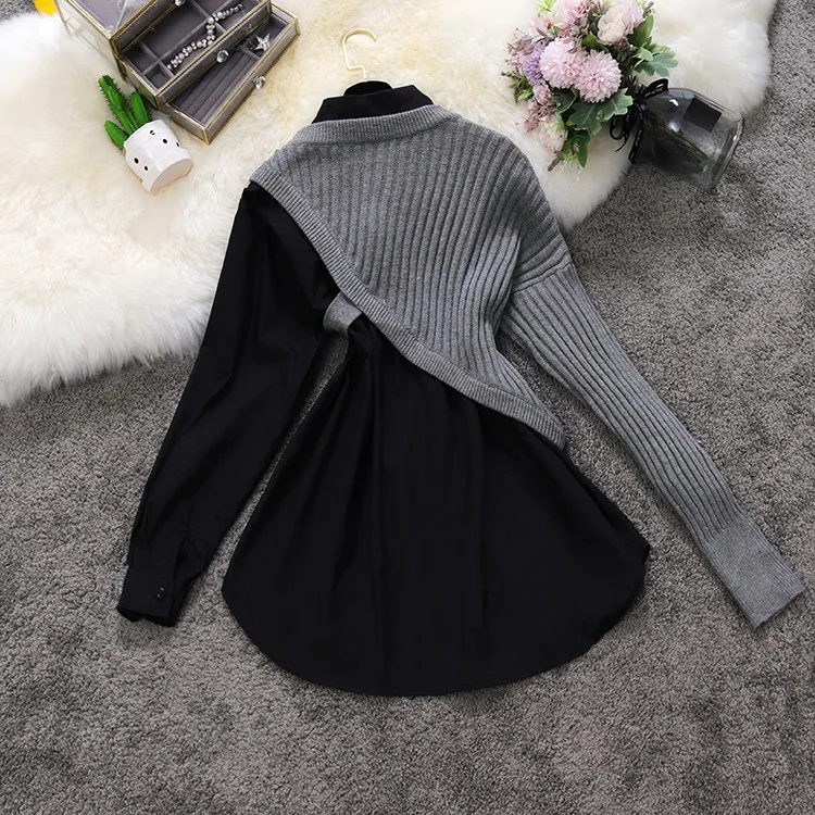 2024 spring new women irregular Lace-up oblique shoulder knitting vest sweater + solid shirt dress suit female two piece set