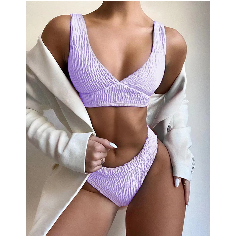 JyoJyo Sexy pleated swimsuit women Ribbed bikinis 2021 mujer High cut swimwear female V neck bathing suit 2 piece swim suit new