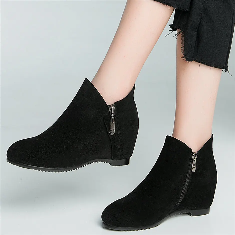 

Low Top Booties Women Genuine Leather Hidden Wedges High Heel Ankle Boots Female Winter Platform Pumps Shoes Warm Oxfords Shoes