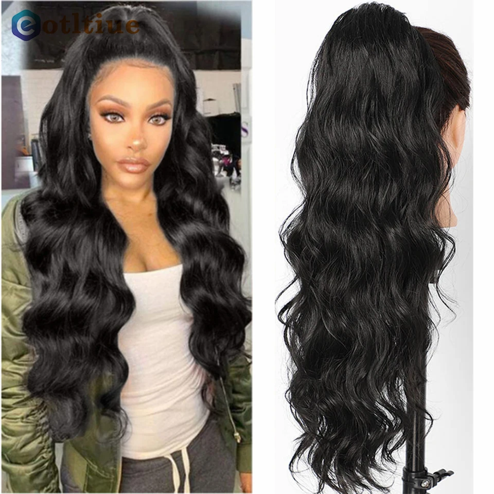 Long Wavy Ponytail Human Hair Drawstring Clip in Hairpiece Black Wave Extension African American Pony Tail Body Wave for Women