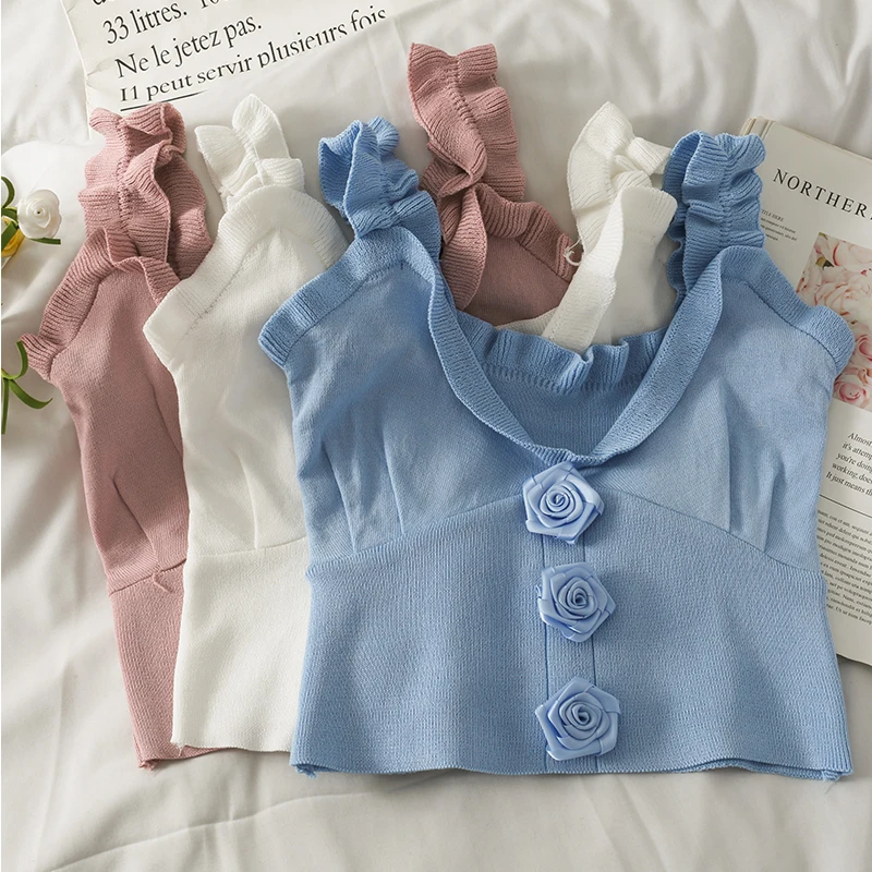 

2021 Summer Women Crop Tops Slim Knitted Three-dimensional Flower V-neck Camisole Lady Sweet Cute Short Ruffles Tank Tops