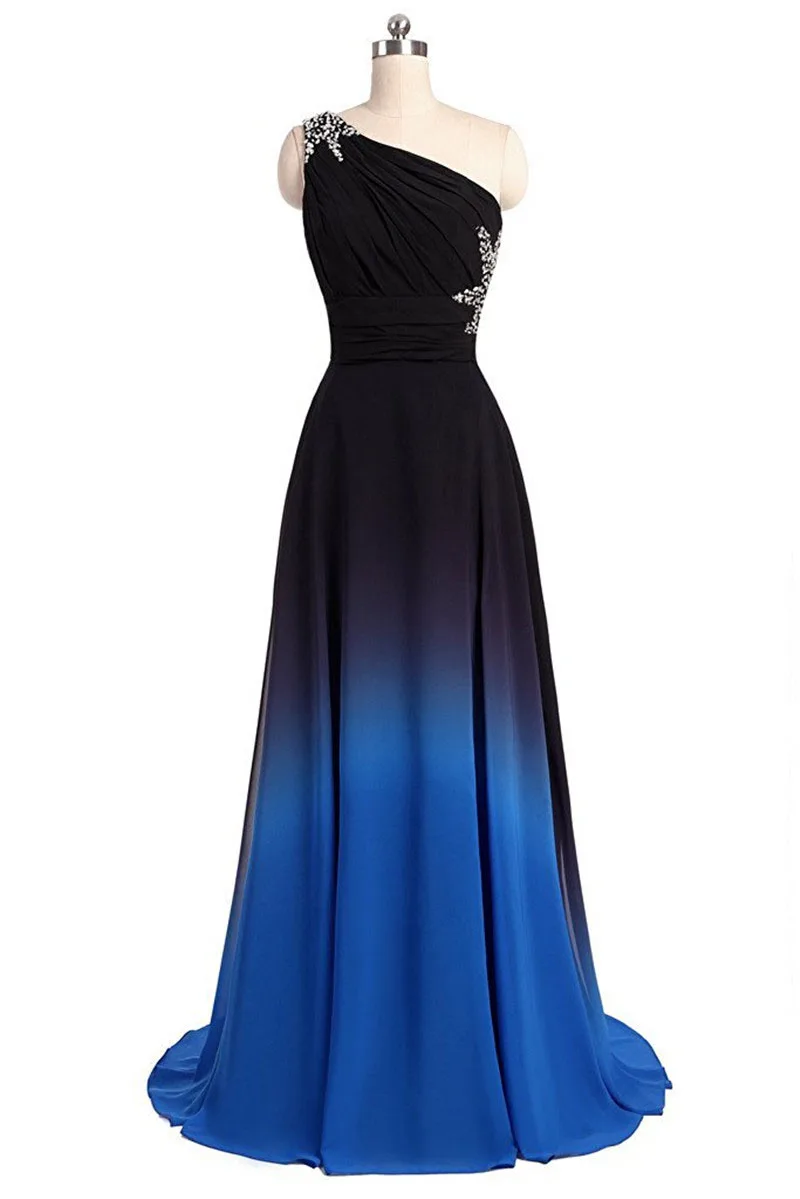 

Gardlilac 2021 New One Shoulder Beaded Evening Dresses Blue Long Gradient Evening Party Formal Gown