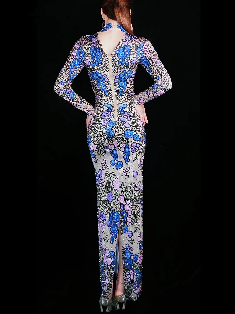 Luxury Rhinestones Floral Print Long Dress Women Celebrity Singer Evening Celebrate Catwalk Costume Birthday Prom Party Outfit